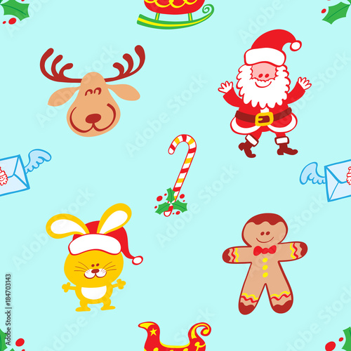 Fototapeta Naklejka Na Ścianę i Meble -  Christmas pattern featuring a smiling reindeer, a welcoming Santa Claus, a bunny with Santa hat and a smiling cookie man. Hollies, winged letters, a candy cane and sleighs complete the pattern

