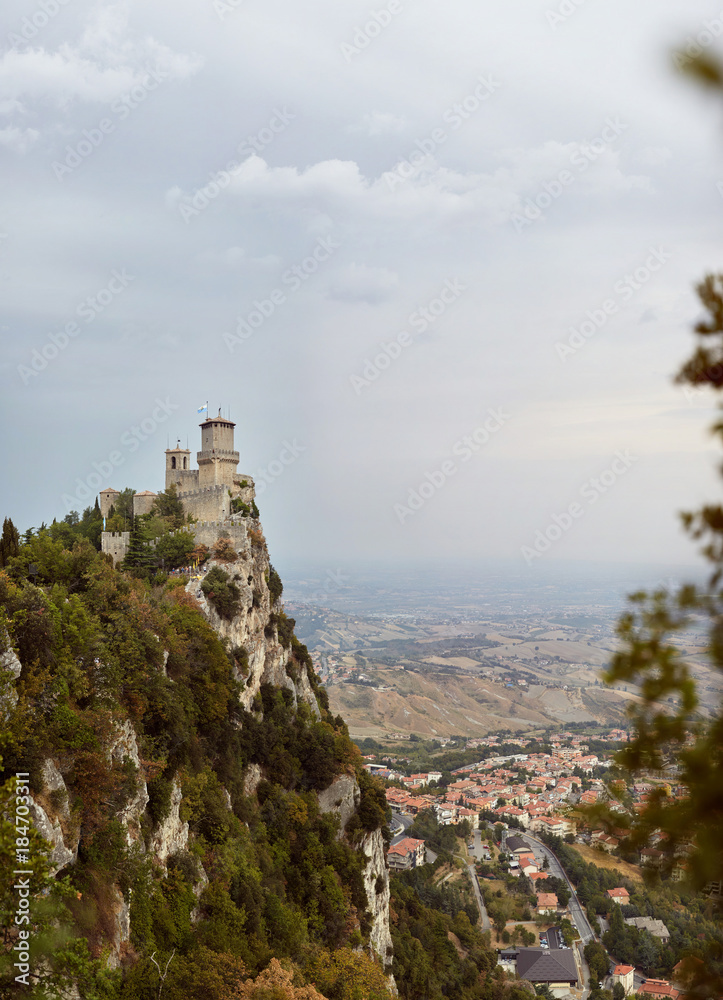 San marino, San Marino - July 10, 2017: Panoramic View of a castle tower.