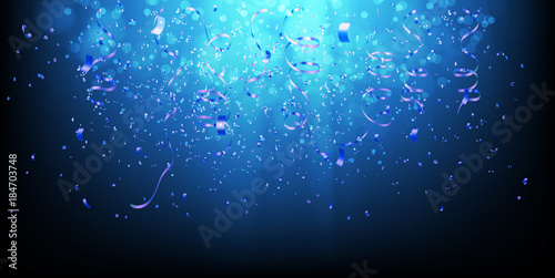 blue celebration background template with drop confetti and blue ribbons on blue ray light