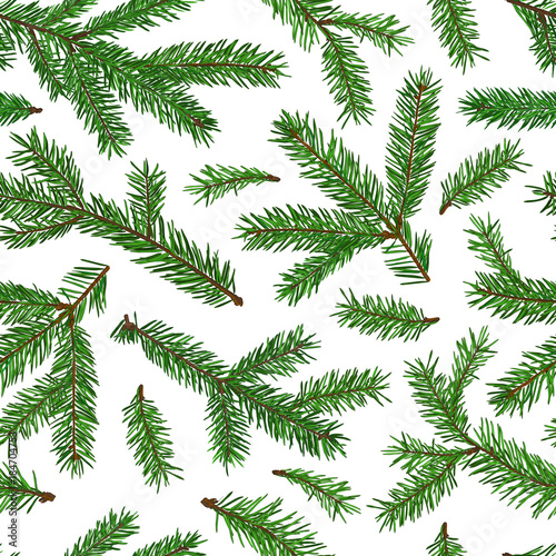Realistic green fir tree branches seamless pattern on white background. Christmas, new year symbol.