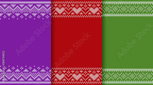Knitted Christmas pattern. Knit sweater seamless design. Vector graphics. Xmas, new year and Valentine red, green and purple backgrounds with heats. Knitting winter texture. Jumper ornaments.