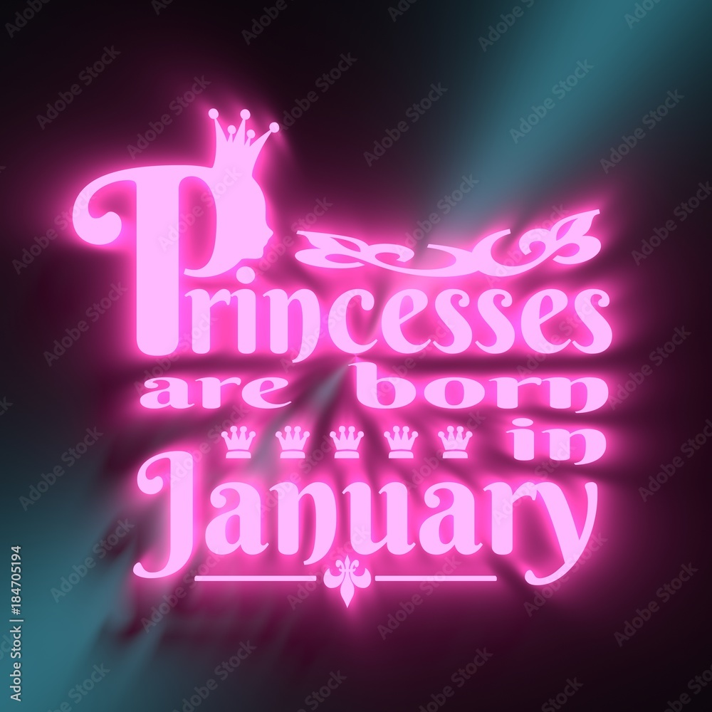 Vintage queen silhouette. Medieval queen profile. Elegant silhouette of a female head. Queens are born in january text. Motivation quote. Neon shine illumination. 3D rendering