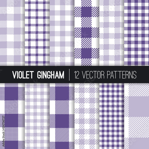 Purple and Lavender Pixel Gingham and Buffalo Check Plaid Vector Patterns. Ultra Violet - 2018 Color of the Year. Picnic Tablecloth Checks of Different Styles. Pattern Tile Swatches included.