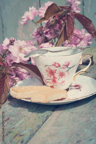 Beautiful cup of English tea with blooming Japanes cherry tree flowers photo