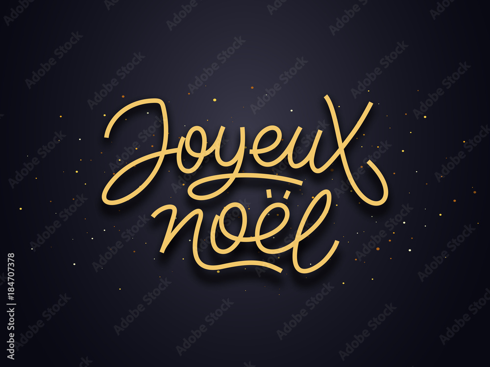 Joyeux Noel french Merry Christmas wishes typography text and gold confetti on luxury black background. Premium vector illustration with lettering for winter holidays