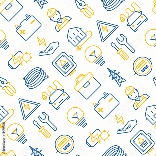 Electricity seamless pattern with thin line icons: electrician, bulb, pylon, toolbox, cable, electric car, hand, solar battery. Vector illustration for banner, web page, print media.
