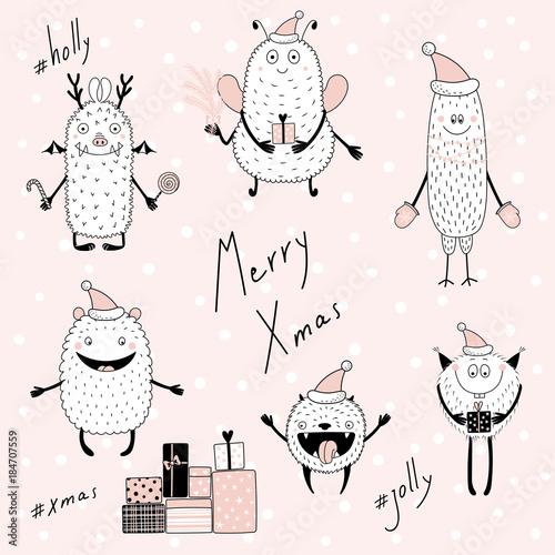 Collection of hand drawn cute funny cartoon monsters in Santa Claus hats, with presents, sweets, typography. Isolated objects. Vector illustration. Design concept children, winter holidays, Christmas.