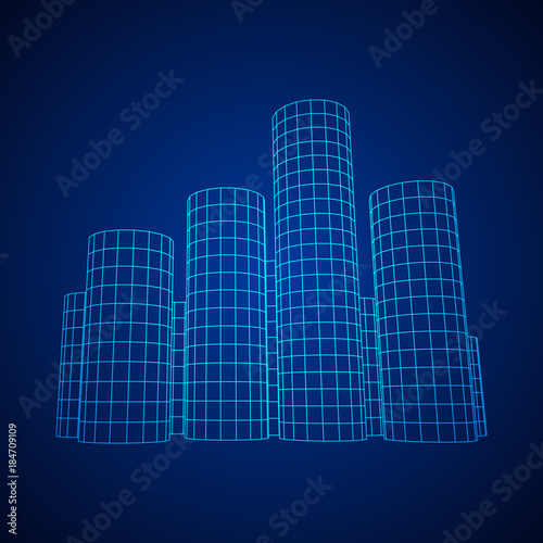 Mesh low poly wireframe Cylinder array like skyscraper city. Connected lines. Connection Box Structure. Digital Data Visualization Concept. Vector Illustration.
