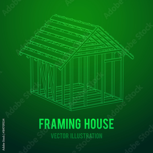 Abstract architecture building. Plan of modern framing house. Wireframe low poly mesh construction.