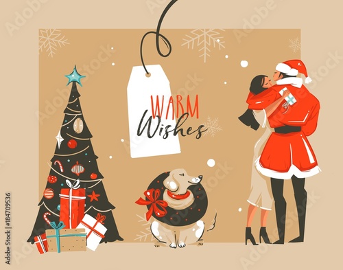 Hand drawn vector abstract fun Merry Christmas time cartoon illustration with romantic couple who kissing and hugging,dog,xmas tree and Warm Wishes typography isolated on craft background