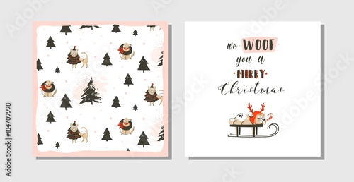 Hand drawn vector abstract fun Merry Christmas time cartoon cards collection set with cute illustrations,pug dog on sleigh and modern typography text isolated on white background