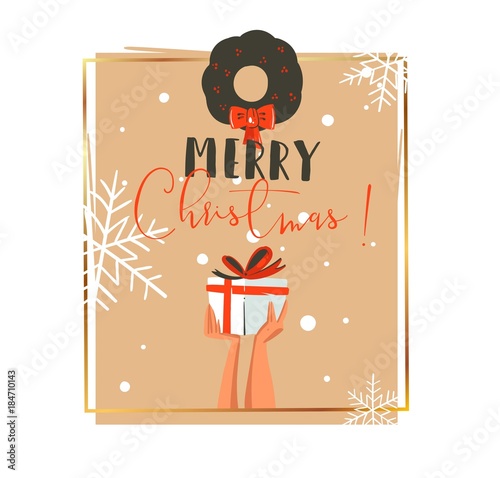 Hand drawn vector abstract Merry Christmas and Happy New Year time retro cartoon illustrations greeting card with people hands who holding surprise gift box and mistletoe isolated on white background