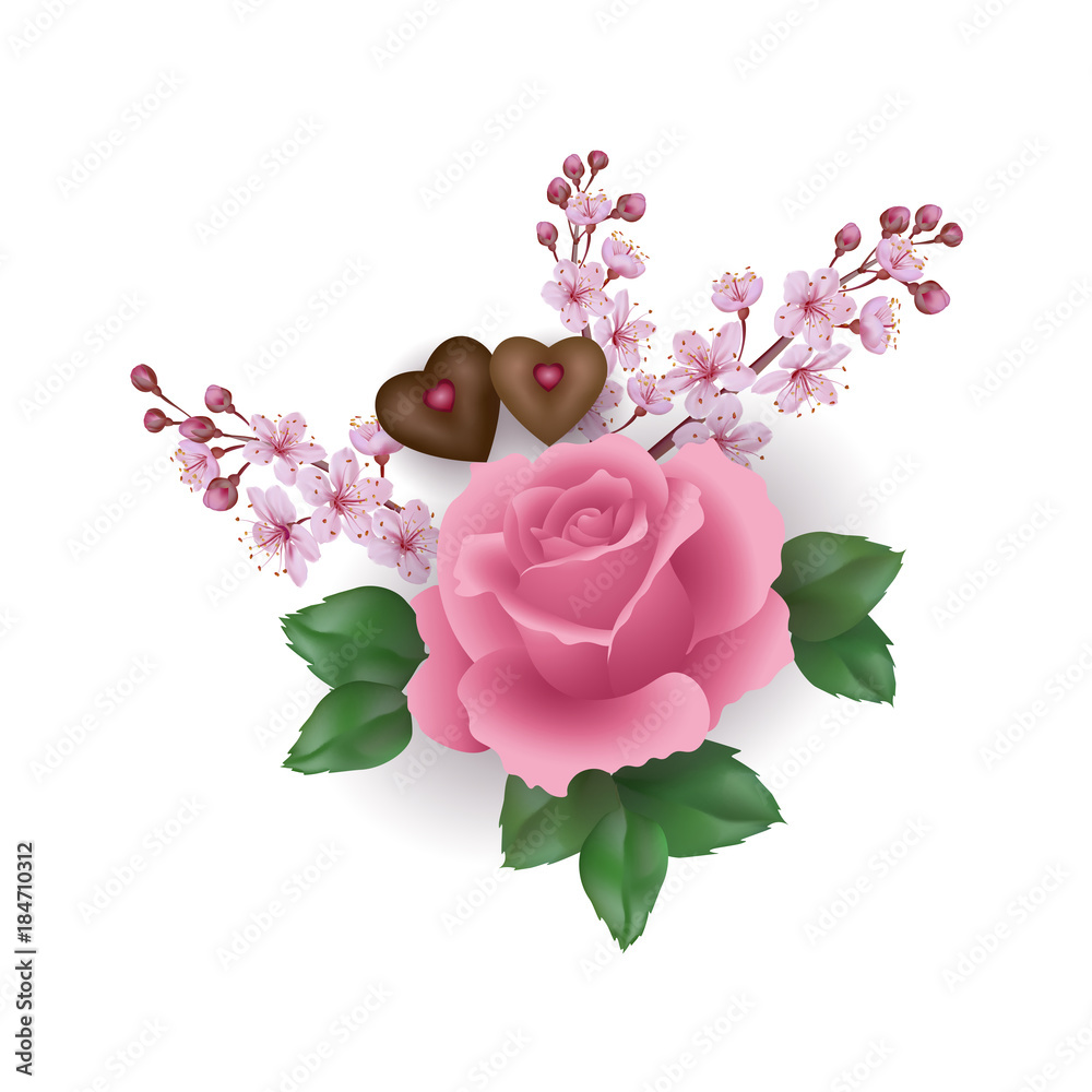 Realistic Valentine Day set pink rose chocolate flower. Light cherry sakura  spring blossom heart shape candy romantic gift date present love. 3d vector  illustration Stock Vector | Adobe Stock