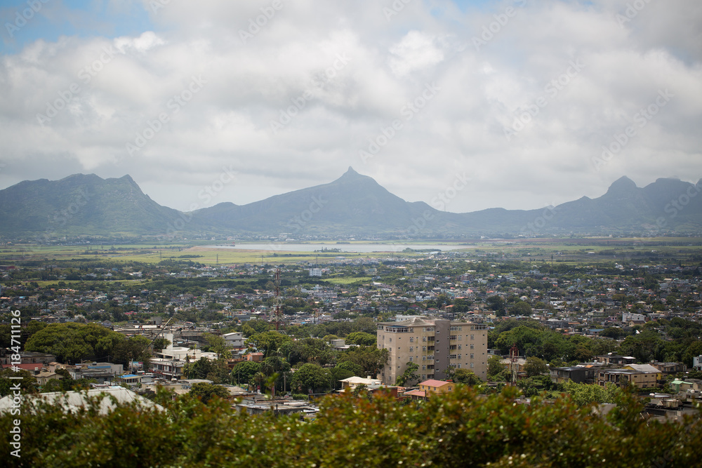 View of the city and mountains. Mauritius.