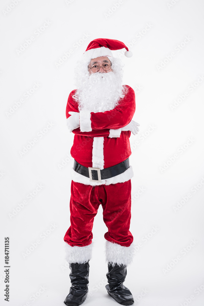 Portrait of a happy Santa cross on a white background, Winter holiday, Merry Christmas and happy new year concept