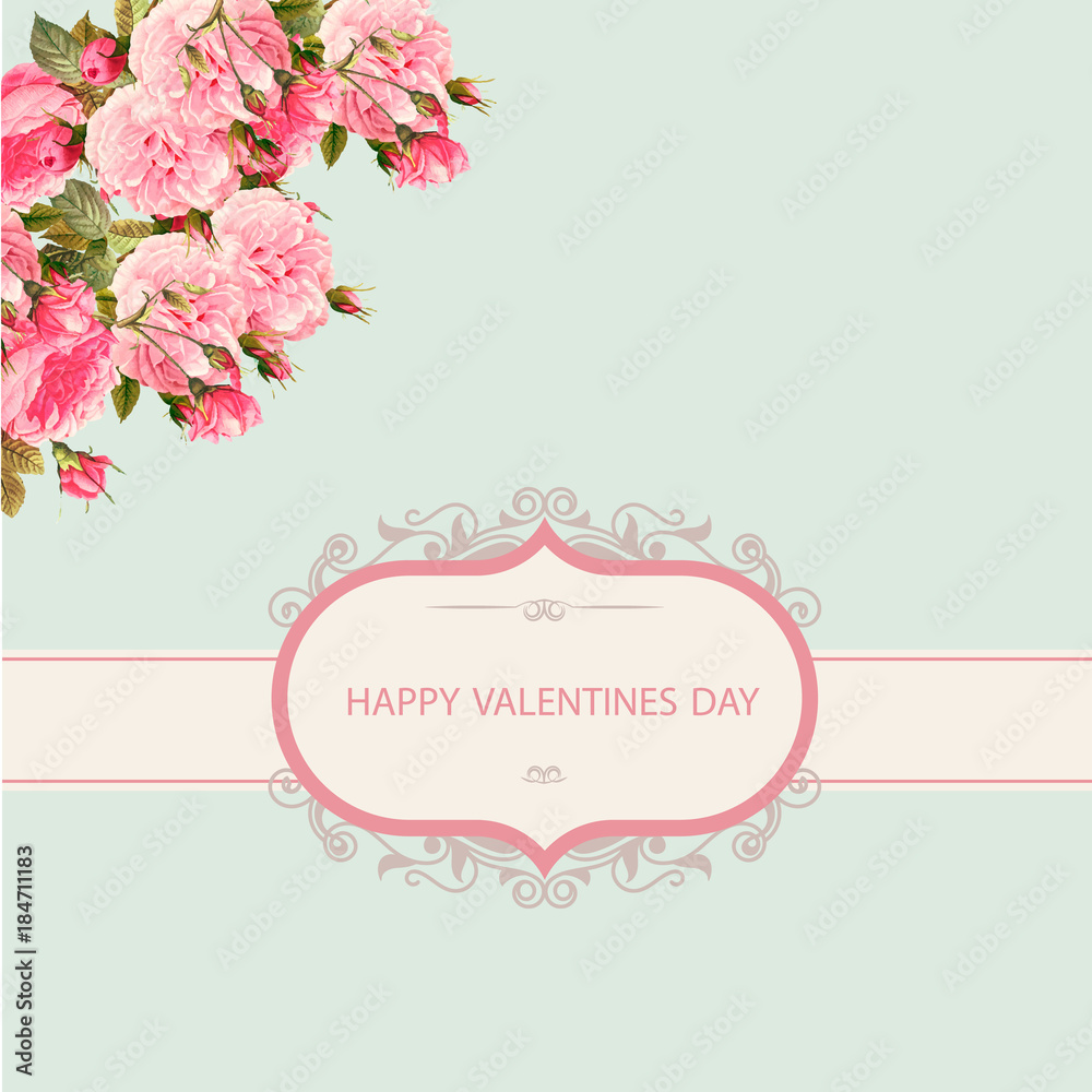 The greeting card is framed in the form of beautiful pink roses in the upper corner.