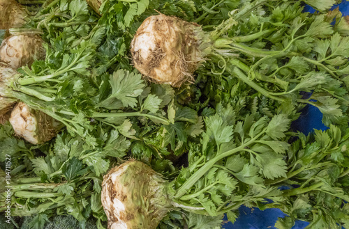 Close up of fresh celeries on a counter in a typical Turkish greengrocery bazaar in Eskisehir, Turkey.