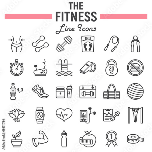 Fitness line icon set, sport symbols collection, vector sketches, logo illustrations, healthy diet signs linear pictograms package isolated on white background, eps 10.