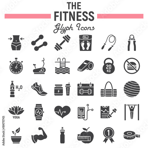Fitness glyph icon set, sport symbols collection, vector sketches, logo illustrations, healthy diet signs solid pictograms package isolated on white background, eps 10.