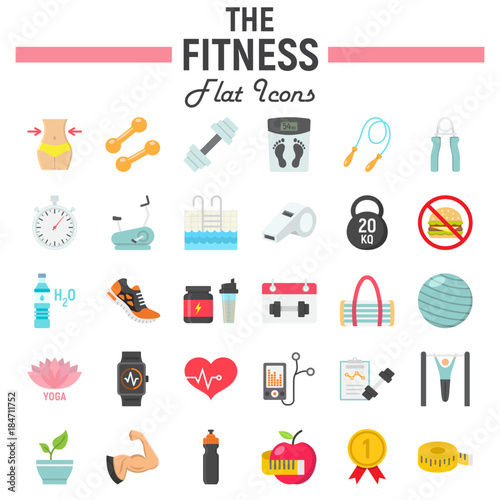 Fitness flat icon set, sport symbols collection, vector sketches, logo illustrations, healthy diet signs colorful solid pictograms package isolated on white background, eps 10.
