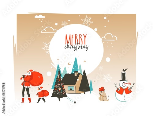 Hand drawn vector abstract Merry Christmas and Happy New Year time cartoon illustrations greeting card template with outdoor landscape,house and Santa Claus family isolated on white background