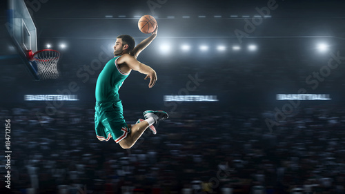 one basketball player jump in stadium panorama view © masisyan