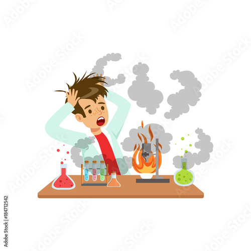 Boy after a failed chemical experiment, mixture explosion, scientist experimenting in science chemistry laboratory vector Illustration