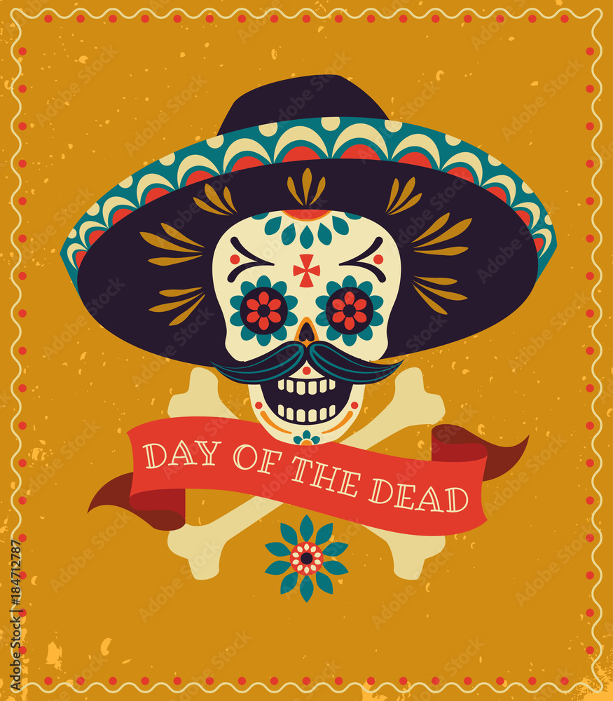 Dia de los muertos. Day of The Dead vector poster with festive skull in ...