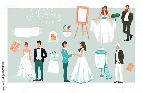 Hand drawn vector abstract cartoon illustrations design elements big set of happy just married couples people,cakes and graphic icons for save the date cards isolated on white background