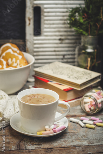 a mug of hot cocoa with cinnamon and reading books