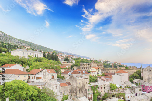 Beautiful view of the medieval town of Mostar from the Old Bridge in Bosnia and Herzegovina