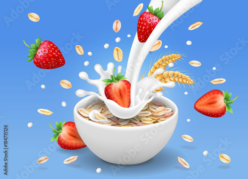 Strawberry and oatmeal flakes. Berry in milk pouring into a cup realistic 3d illustration