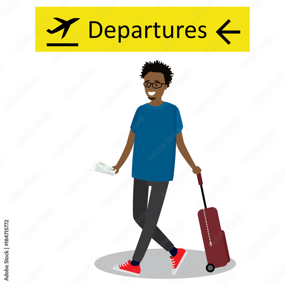 Cartoon african american passenger with suitcase walking Cartoon african american passenger with suitcase walking