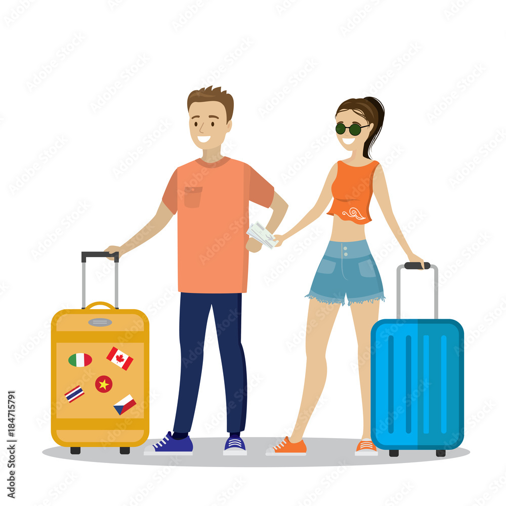 Happy young couple,passengers with suitcases.Male and female on a journey. Happy young couple,passengers with suitcases.Male and female on a journey.