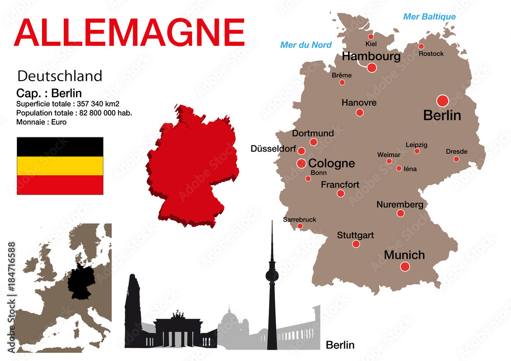 Allemagne - carte - symbole - drapeau - Berlin - monument