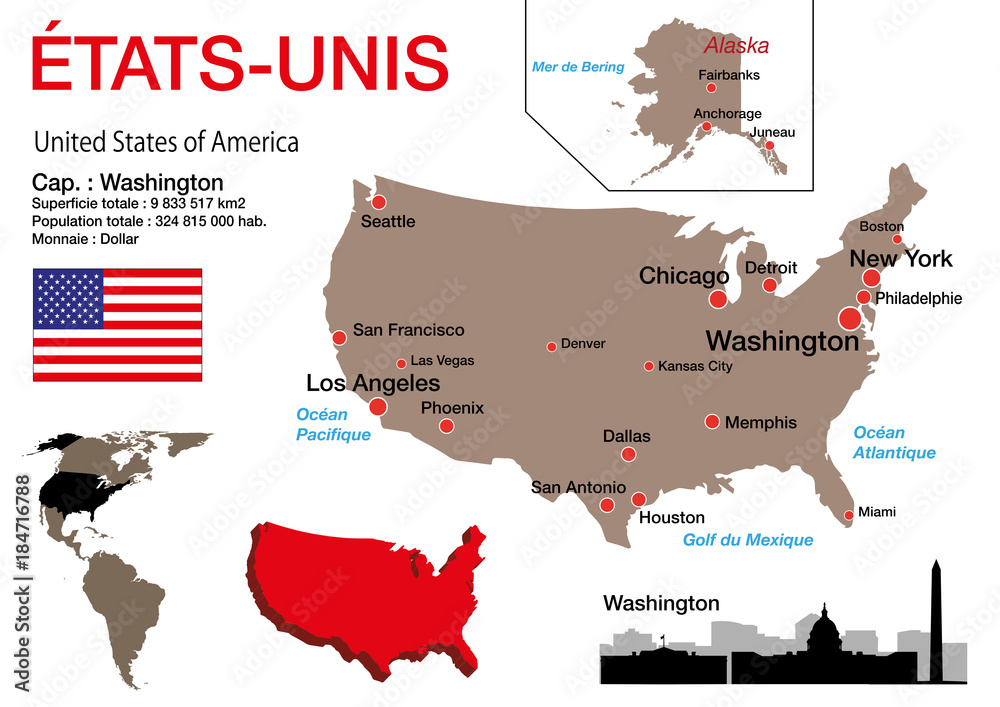 Vektorová grafika „États Unis - carte - symbole - drapeau - USA