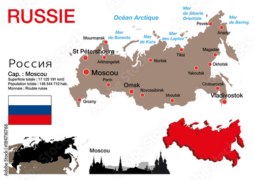 Russie - carte - symbole - drapeau - Moscou - monument - présentation - Kremlin - pays - russe
