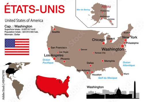 États Unis - carte - symbole - drapeau - USA - Washington - monument - présentation
