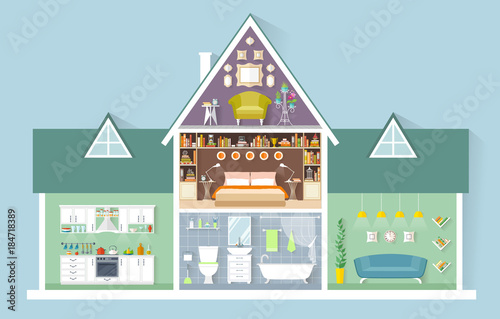 Vector house in miniature. Side view. The layout of the apartment house. Different rooms with furniture. Interior Design.