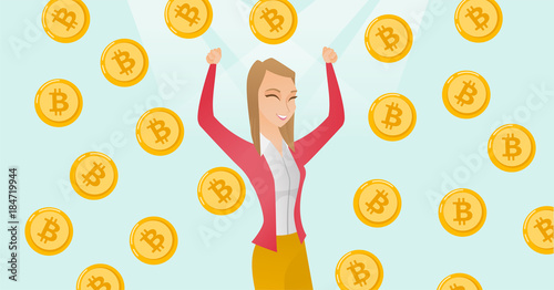 Young caucasian successful investor standing with raised hands under bitcoin coins rain and celebrating financial success in investment to blockchain network technology. Vector cartoon illustration.