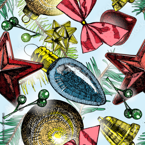 Luxury Christmas seamless pattern, gold, red, blue and green holiday winter elements with X mas pine tree twigs. Hand drawn color bubbles or balls. Vector.