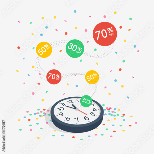 Special limited time sale symbol with wall watch and flying confetti isolated on light background. Easy to use for your design with transparent shadows.