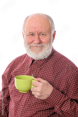 Happy senior man with green cup, isolated on white
