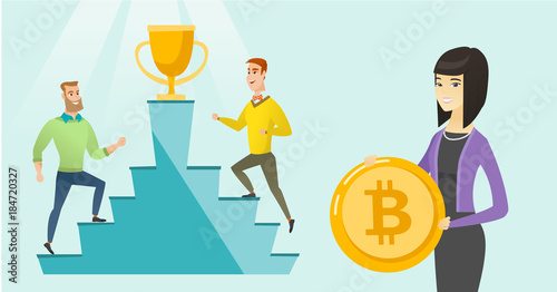Caucasian woman holding a bitcoin coin and choosing between two competitive ICO initial coin offering projects. Concept of investment, startup, ICO initial coin offering. Vector cartoon illustration.