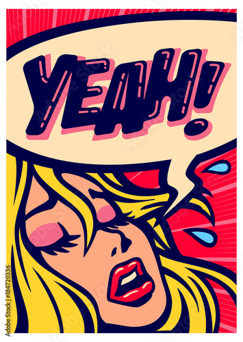 Pop art style comic book panel girl screaming for pleasure having orgasm vector illustration