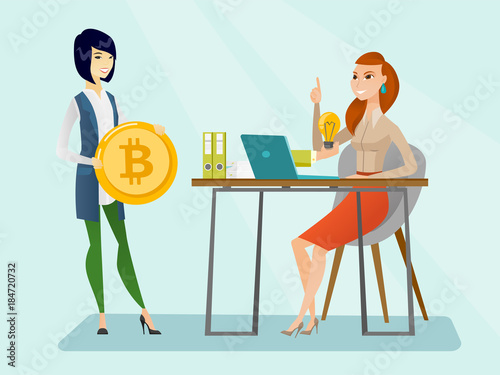 Young caucasian woman got an idea and investment in the form of bitcoin coin for her cryptocurrency project. Concept of investment, startup, ICO initial coin offering. Vector cartoon illustration.