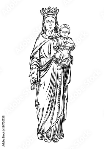 Virgin Mary tattoo art. Symbol of Christianity religion, mother of Christ. Blackwork adult flesh tattoo concept. Saint Mary with a child Jesus template concept. Vector.