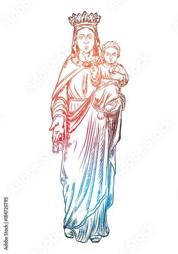 Mother Mary with Jesus Christ baby in her hands. Mother of God with a child. The Nativity or the Birth of the Blessed Jesus Christ. Color adult flesh tattoo concept. Vector.