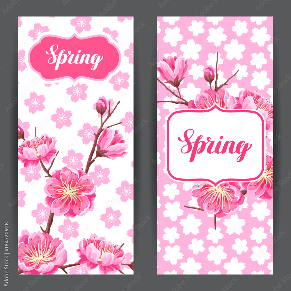 Spring banners with sakura or cherry blossom. Floral japanese ornament of blooming flowers