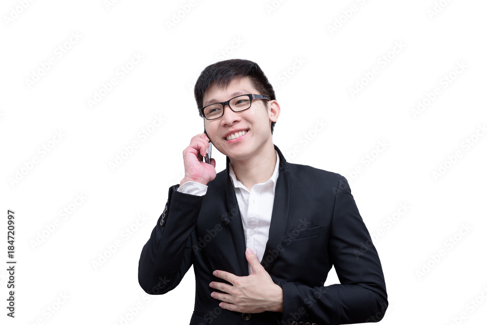Asia businessman has holding a phone for talking with smile and happy isolated on white background. Asia businessman has holding a phone for talking with smile and happy isolated on white background.